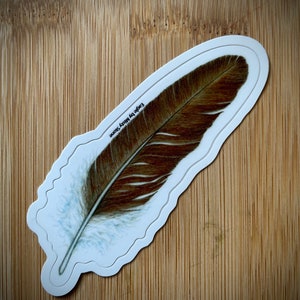 May include: A white sticker with a brown and white eagle feather illustration. The sticker has a wavy edge and the text "Eagle by Misty Stone" is printed on the sticker.