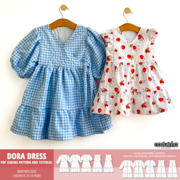 Wzór szycia sukienki kopertowej / wzór szycia sukienki z guzikami z przodu / PDF / rozmiary dla niemowląt i dzieci / rozmiary od 3 miesięcy do 10 lat