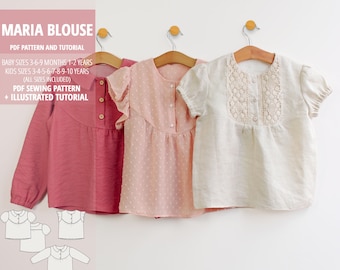 Girl Baby girl blouse pattern, girls top pattern, woven top pattern / PDF sewing pattern / baby and kids sizes / sizes 3 months to 10 years