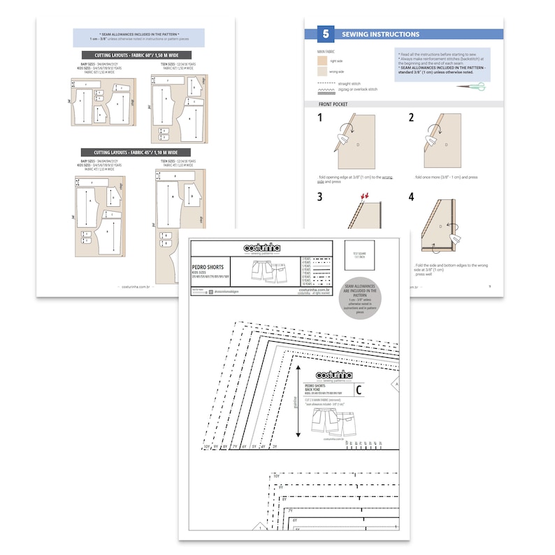 May include: A sewing pattern for Pedro Shorts, a DIY project from Costuinha. The pattern includes instructions for sewing a front pocket and the back of the shorts. The pattern is printed on white paper with black lines.