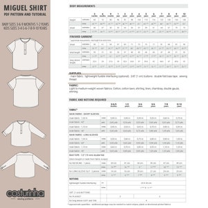 Pu&ograve; includere: Un cartamodello per una camicia Miguel a maniche corte o lunghe. Il cartamodello include istruzioni per le taglie 3-6-9 mesi, 1-2 anni e 3-4-5-6-7-8-9-10 anni. Il cartamodello include i tessuti e le nozioni necessarie per ogni taglia.