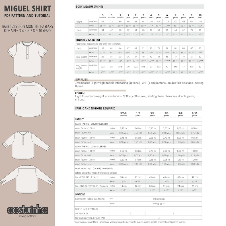 Pu&ograve; includere: Un cartamodello per una camicia Miguel a maniche corte o lunghe. Il cartamodello include istruzioni per le taglie 3-6-9 mesi, 1-2 anni e 3-4-5-6-7-8-9-10 anni. Il cartamodello include i tessuti e le nozioni necessarie per ogni taglia.