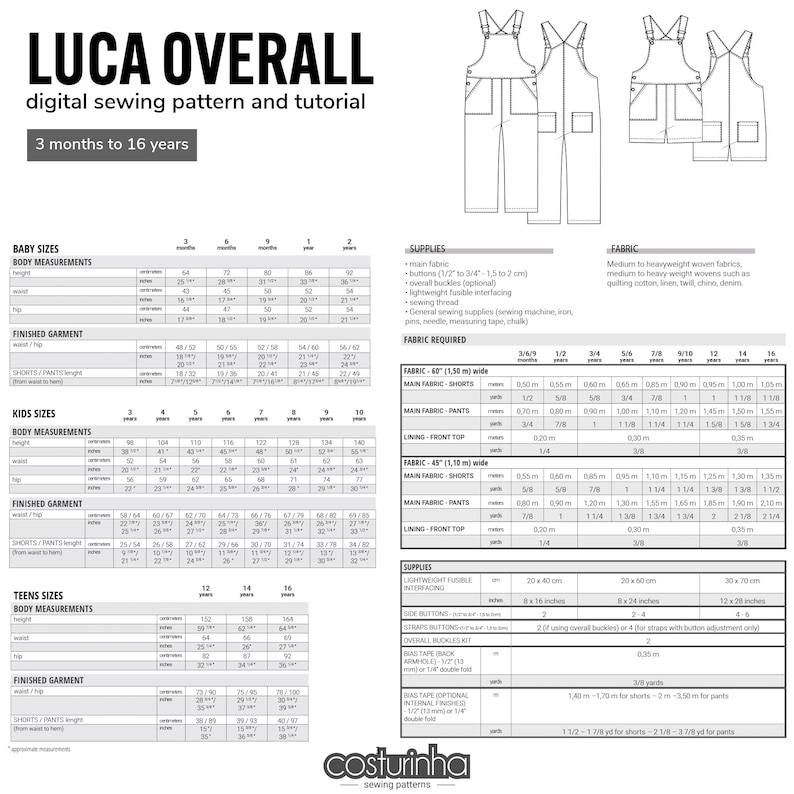Luca Overall Sewing Pattern — PDF Digital Pattern for Baby, Kids ...