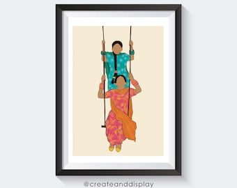 Lámina artística de chicas punjabíes en un columpio – Ilustración de la cultura desi
