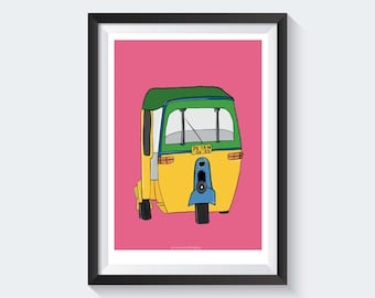 May include: A yellow, green, and blue auto rickshaw, also known as a tuk-tuk, is shown from the back. The rickshaw has a license plate that reads "PTRM 04 33". The rickshaw is on a pink background.