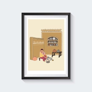 Punjabi Folk Woman making roti Illustration - Punjabi lady art - Desi Culture Wall Art - Indian kitchen print