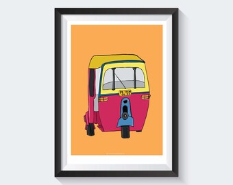 May include: A cartoon illustration of a pink and yellow auto rickshaw, also known as a tuk-tuk, on an orange background. The rickshaw has a license plate that reads "PI TRM 04 33".