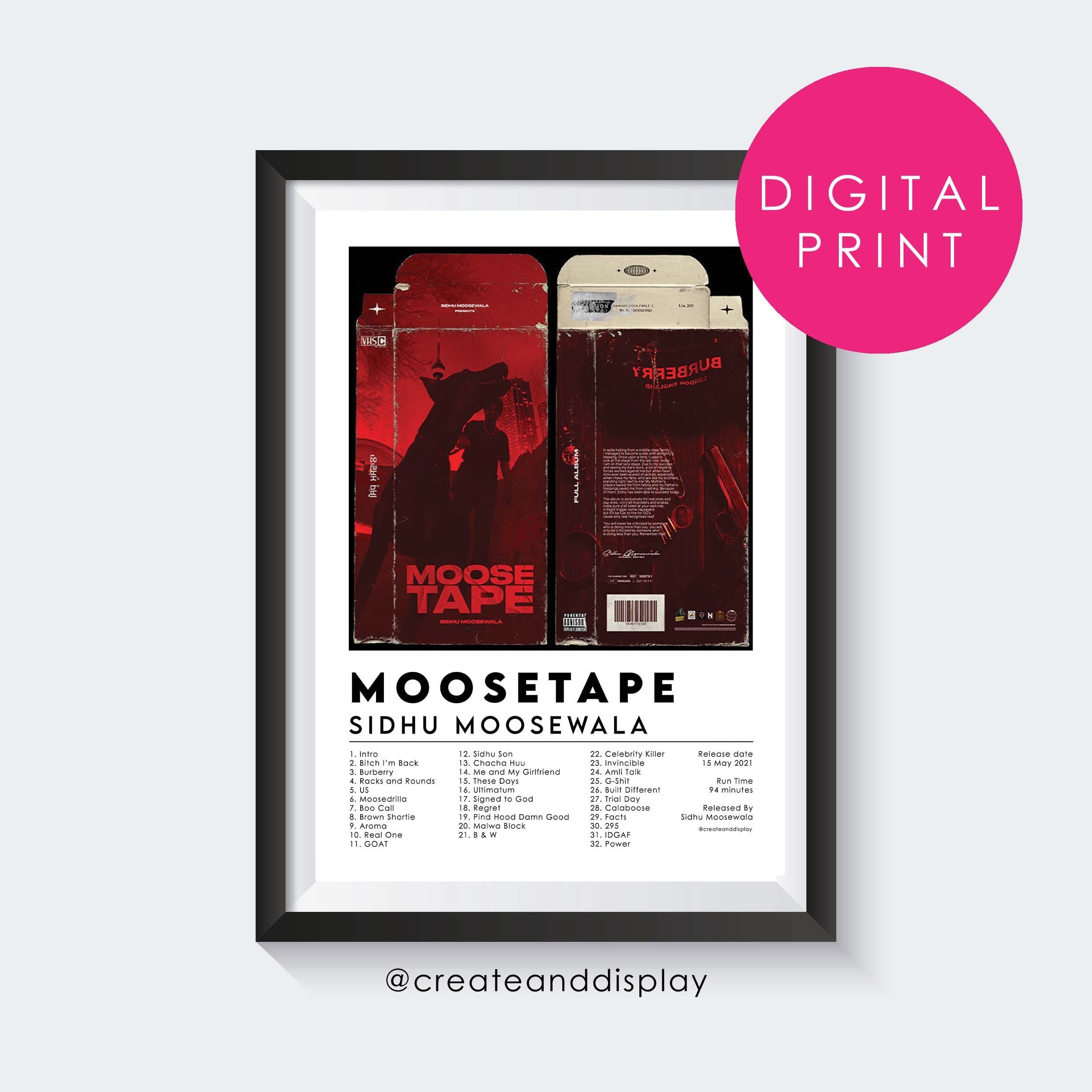 Sidhu Moosewala Moosetape- DIGITAL - Album Poster | Punjabi Song poster| Indian Bhangra Music wall art