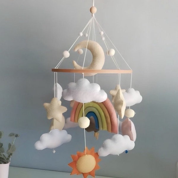 Weather nursery mobile with Rainbow, realistic felt Clouds, rain, clouds, stars, sun, moon mobile, ceiling mobile, newborn gift.