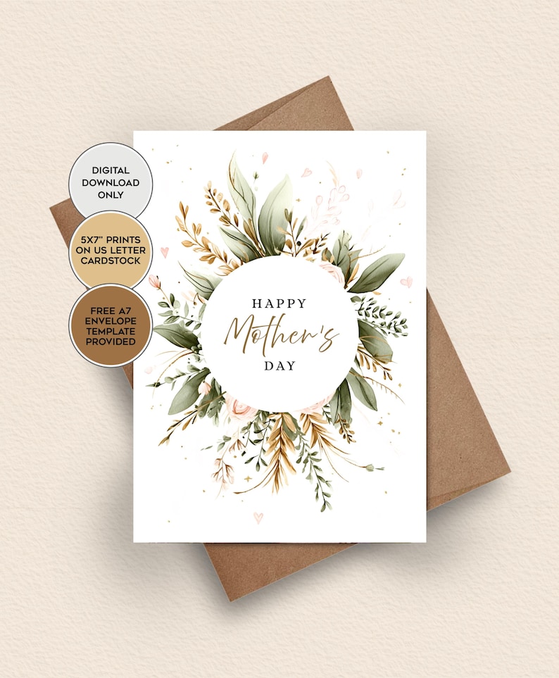 Watercolor Floral Mother's Day Card, Printable 5x7 | Digital Download | MD-DI-NP-103 image 1