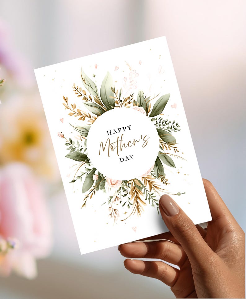 May include: A white Mother's Day greeting card with a floral design. The card features a circular arrangement of green leaves, gold accents, and pink flowers around the text "Happy Mother's Day" in elegant script.