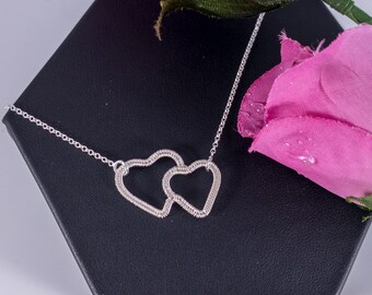 Wire Wrapped Sterling Silver Double Heart Pendant Necklace, Anniversary Gift, Bridal Jewelry, Gifts For Her