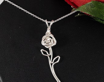 Sterling Silver Rose and Leaf Pendant Necklace, Anniversary Gift, Gifts For Her