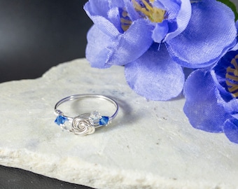 Dainty Silver Petite Rosette Rings with Swarovski Crystals, Wire Rose Shaped Ring, Anniversary Gifts For Her, Bridal Jewelry, Mothers Gift