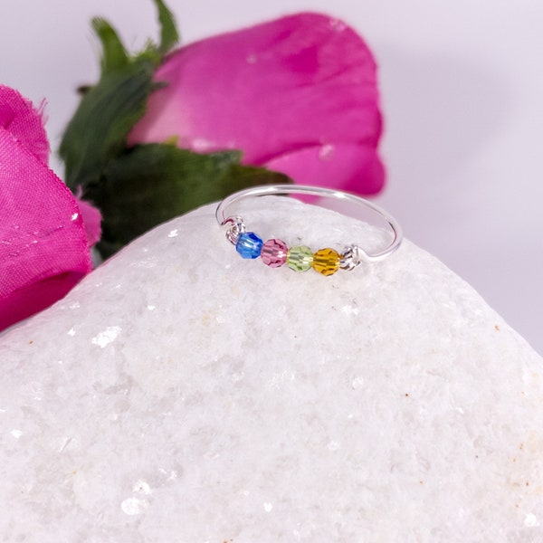 Sterling Silver Four Birthstone Ring with Swarovski Crystals, Anniversary Gifts For Her, Handmade Ring, Handmade Jewelry