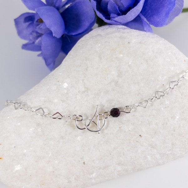 Sterling Silver Capital “A” Initial Anklet with Heart Link Band, Anniversary Gifts For Her, Handmade Anklet, Handmade Jewelry