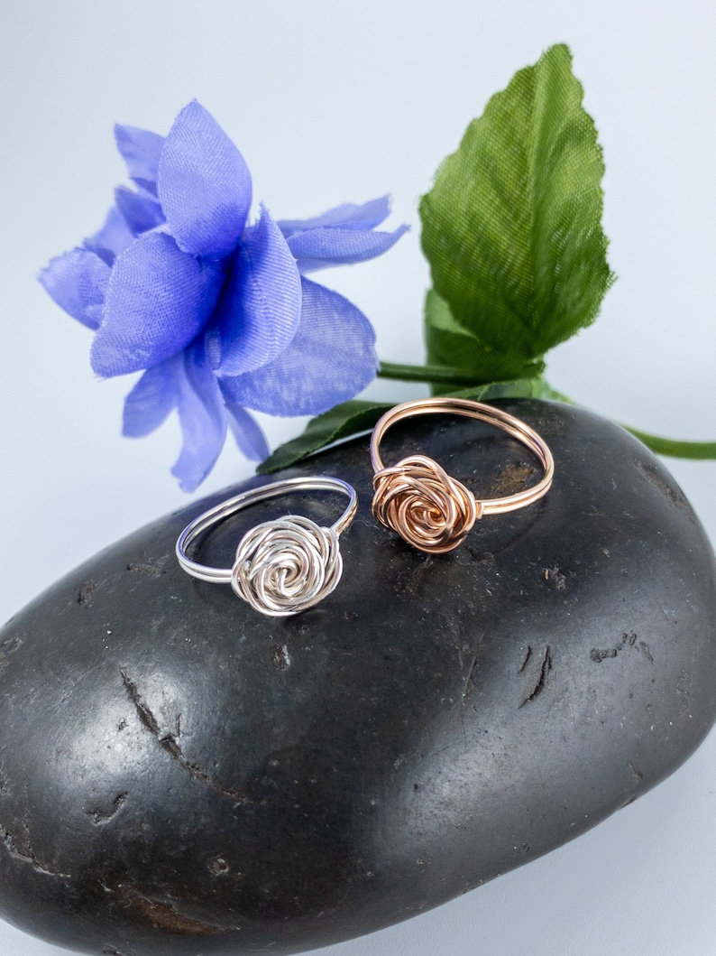 Wire Rose Shaped Rings Anniversary Gifts for Her Elegant Rosette Rings Handmade with Sterling Silver and Rose Gold Filled Wire