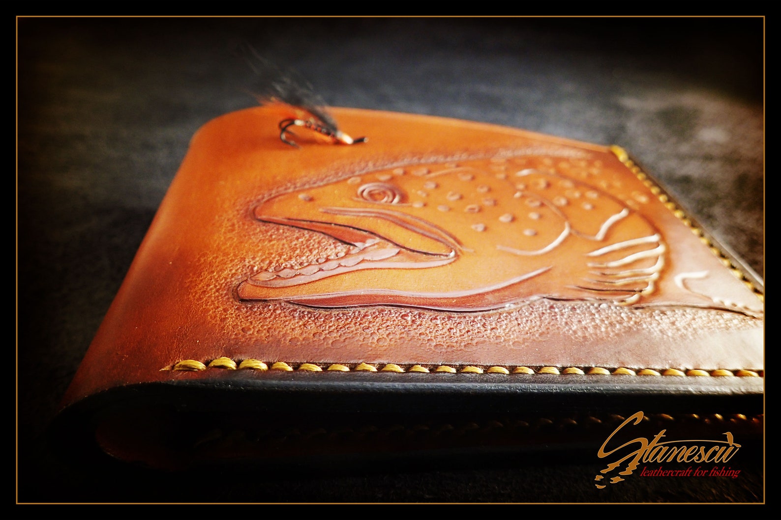 Leather money wallet carved with a fly fishing theme trout Etsy
