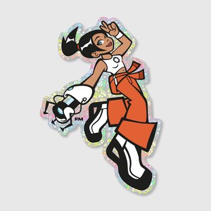 May include: A holographic sticker featuring a cartoon girl with black hair wearing a white shirt and orange pants. She is holding a robotic arm and is making a peace sign with her hand. The sticker has a glittery finish.