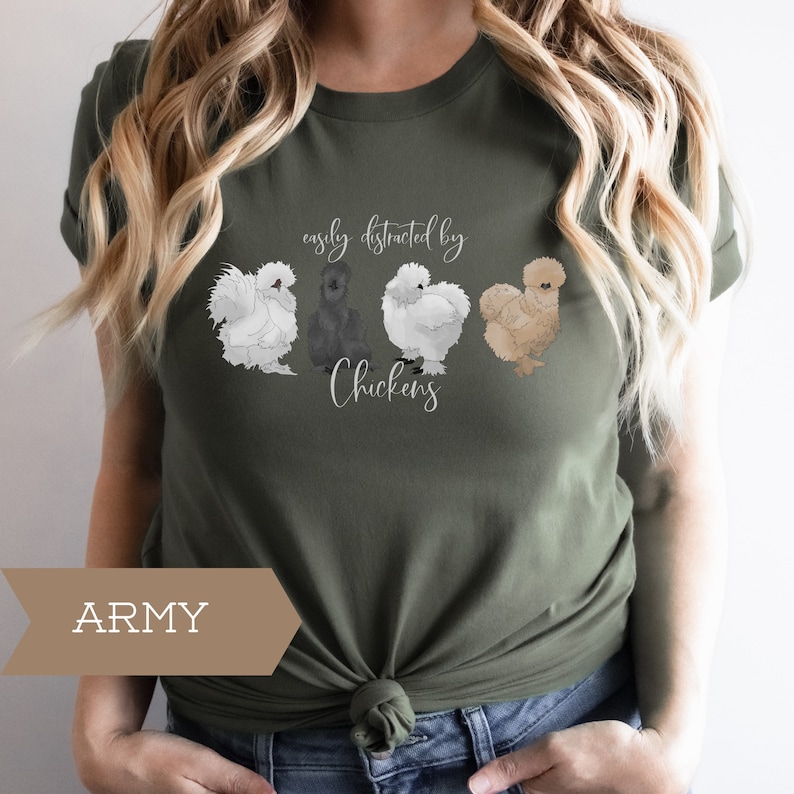 May include: A green t-shirt with the text "easily distracted by chickens" and a graphic of four chickens. The t-shirt is labeled "ARMY".