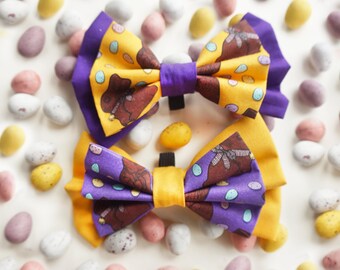 Chocolate bunnies dog bow - bunny print dog bow  -  fancy double dog bow
