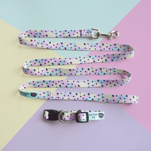 Pastel print dog collar with quick - release buckle and lead set - green, lilac, pink and yellow collar