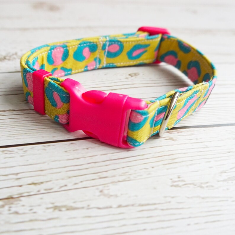 funky animal print collar yellow dog collar Leopard dog collar textile dog collar cool dog collar pink Leo fun textile collars