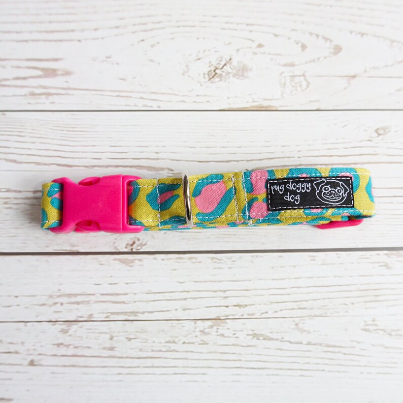funky animal print collar yellow dog collar Leopard dog collar textile dog collar cool dog collar pink Leo fun textile collars