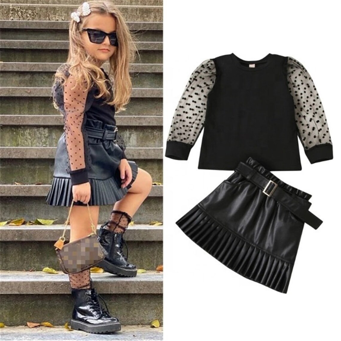 Girl Set Girl Leather Skirt Set Girl Black Top Set Girl - Etsy