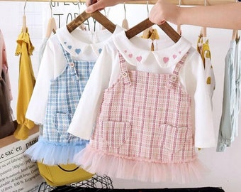 Kariertes Tweed Overall Kleid | Mädchenkleid | Herz Kleid | Mädchen Valentinstag Outfit | Outfit für Kleinkinder