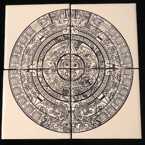May include: Four white ceramic tiles with a black and white image of the Aztec calendar stone. The image is divided into four sections, each tile representing a quarter of the circle.