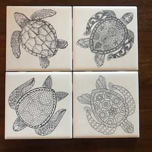 Engraved Sea Turtles On Ceramic Tile Coasters