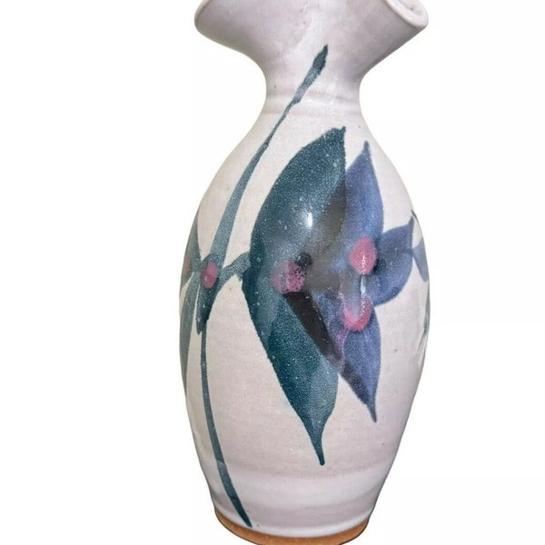 Vintage Studio Art Pottery Vase Pinched Top Floral Motif Signed RTM DR '98