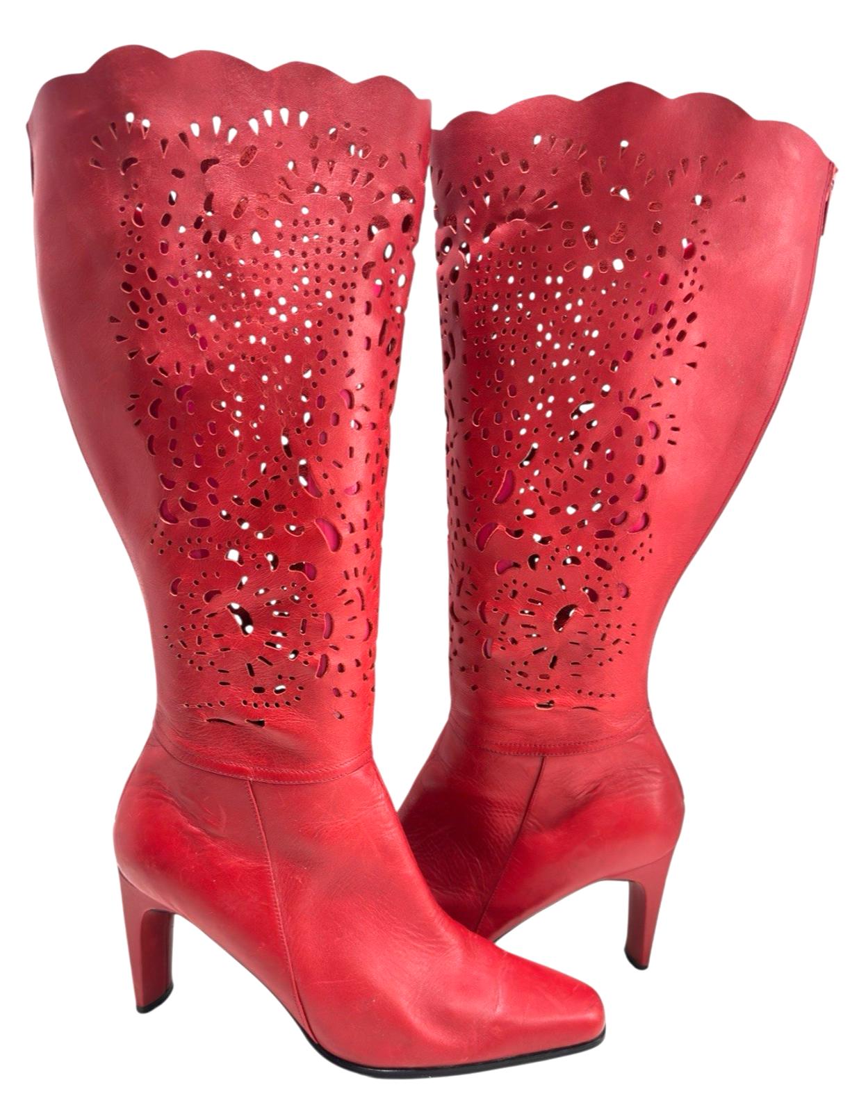 Bellini Boho Red Laser-Cut Scalloped Leather Knee High Boots Womens Sz 8.5M Boho Knee High Boots - Etsy Australia main image 3