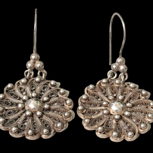 RARE Antique Mexican Sterling Silver Open Lace Filigree Detailed Flower Earrings Mexico Dangle Drop Round For Pierced Ears