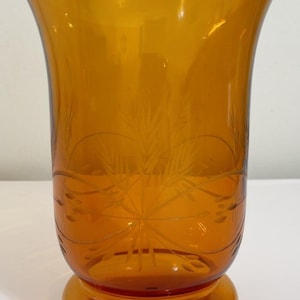 Vintage Etched Amber Glass Hurricane Vase Wheat Design 8&quot; Tall Blown Glass