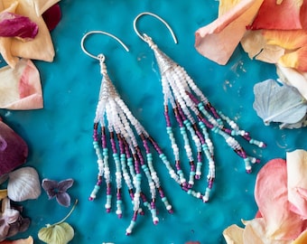 Boho Beaded Earrings, Long Beaded Earrings, Seed Bead Earrings, Beaded Dangle Earring, Long Tassel Earrings, Beaded Fringe Earrings