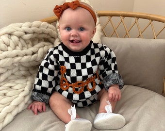 Hand Embroidered Checkered Fall Halloween Boo Sweater Babies and Toddlers
