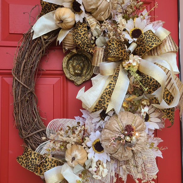 Front Door Wreath, Fall Wreath, Velvet pumpkin, Front Door Decor, Large Autumn wreath, Glamorous wreath, Elegant Fall Wreath, Wood Wreath,