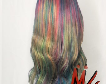 Rainbow 360 Lace Wig  100% Human hair Mermaid unicorn 18" (up to 4 colors)
