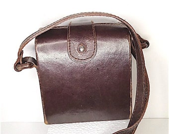 beautiful vintage 90s super small pocket brown bag geometry leather long strap - gorgeous compact brown cube leather shoulder strap