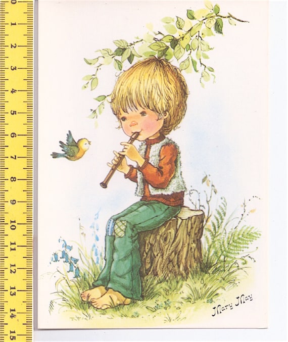 MARY MAY 70s Pagsa Spain postcard - cartolina - baby musician with flute