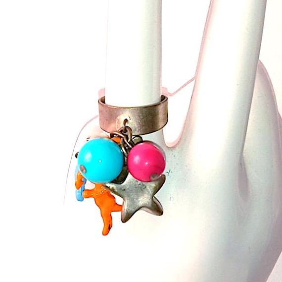 FIORUCCI 90s italy vintage rare ring with multicolor charms love and angels - ring with colorful charms angels and pop adjustable