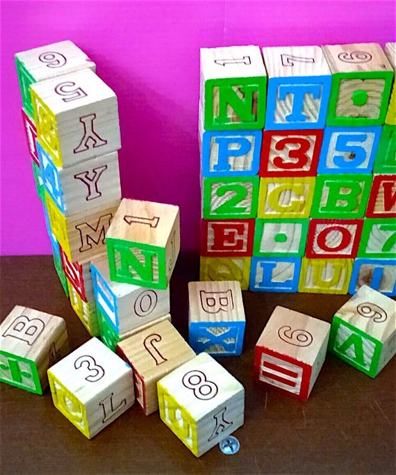 Beautiful set of 90s wooden educational dice, repro of the old version, colored with alphabet and numbers