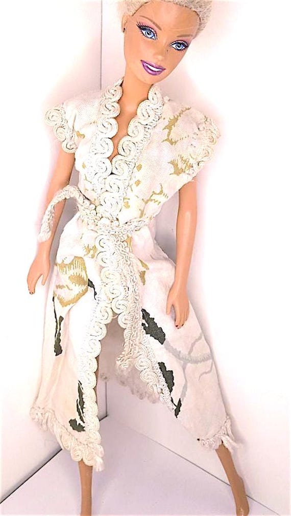 B432 - BARBIE 70s abito lungo casacca aperta con cintura cotone foglie verdi