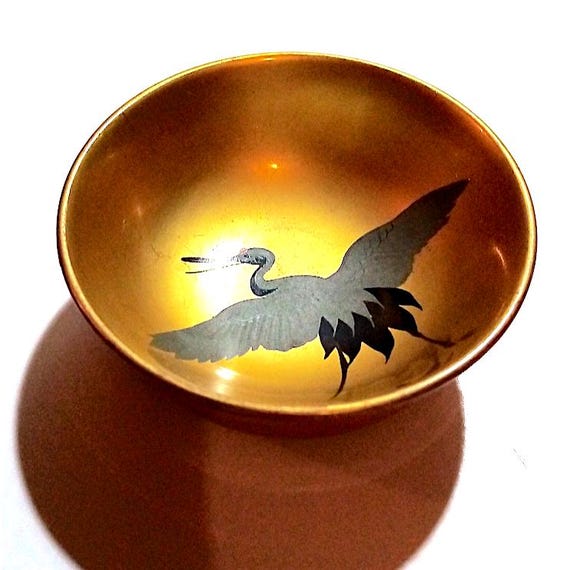 mini ciotola per salse sushi anni 80 dorata con airone super oriental style