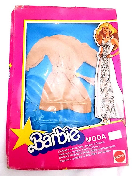 BARBIE FASHION SILK 1980 Mattel Italy European Luxury Golden Dress Silk in Box - Gorgeous Golden Silk Dress in Box
