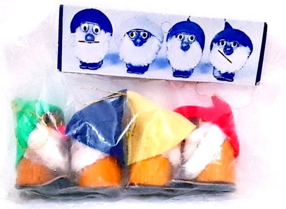 Christmas Ornaments 60s Japan set 4 deco puppet dolls gnome dwarfs - 4 mini gnomes dolls balls decorations Christmas tree misb