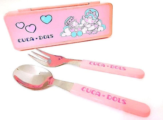 CUCA DOLS 90s Juypal spain Vintage kawaii pink fork and spon lunch set in box bento fork and spoon for snack pink beautiful