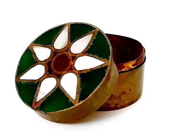 60's vintage pill/tobacco box gold plated brass enamel with mother of pearl flower mini pill box delightful